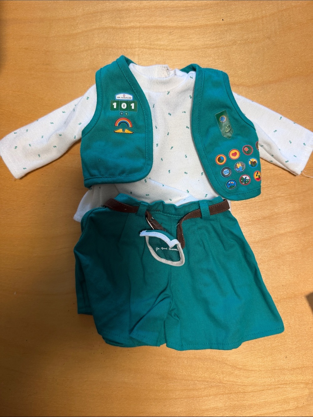 American Girl Teal Vest and Shorts Outfit with Badge Patches